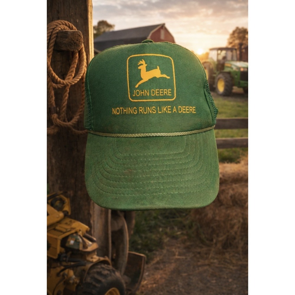 Vintage John Deere Made in USA Trucker Hat Green Mesh‎ Snapback Cap Printed Logo
